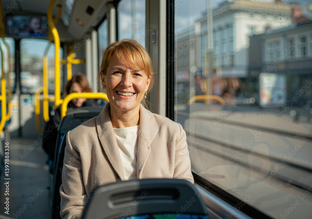 Happy businesswoman smiling while commuting by bus, enjoying her journey through the city