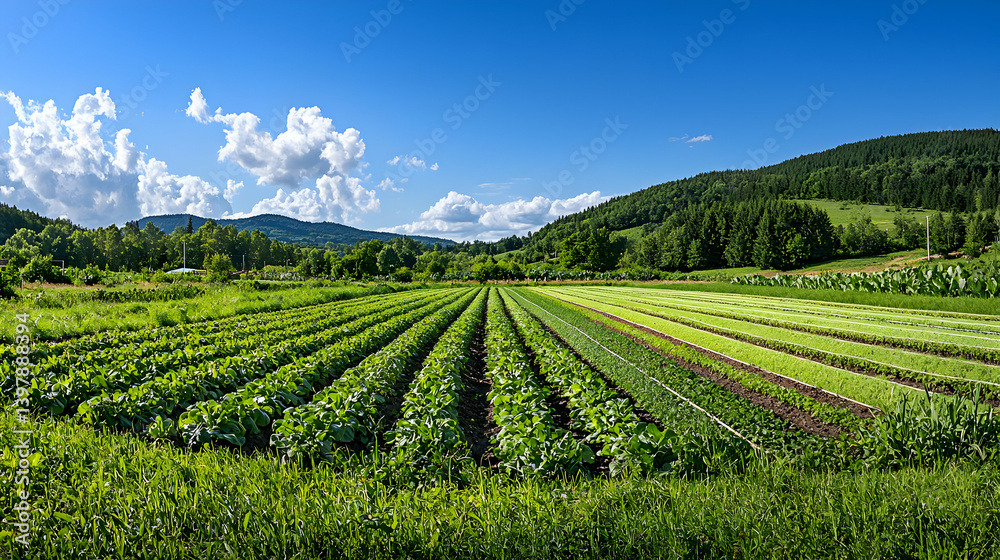 Wide Shot Of Rows Of Vegetables In Field On Sunny Day Wide Shot Of Rows Of Vegetables In Field On Sunny Day