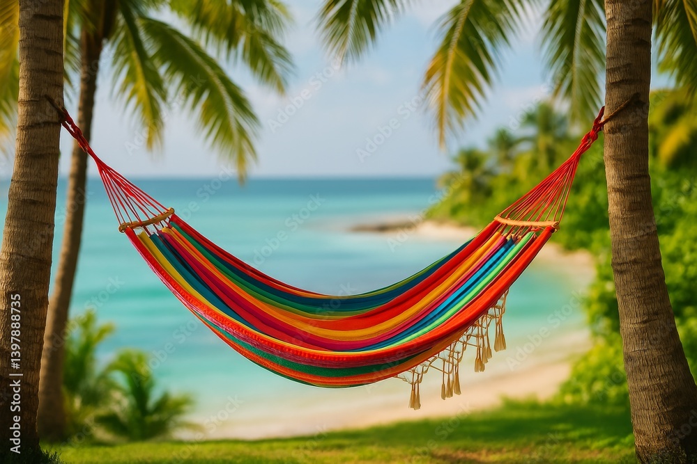 Relaxing in a Colorful Hammock by the Sparkling Beach Under Palm Trees During a Sunny Day Relaxing in a Colorful Hammock by the Sparkling Beach Under Palm Trees During a Sunny Day
