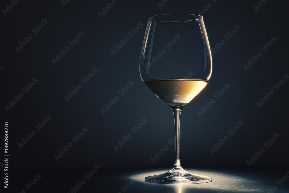 Wine glass elegantly illuminated on a table in a dimly lit setting Wine glass elegantly illuminated on a table in a dimly lit setting