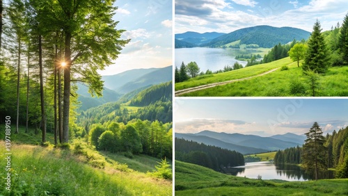 Collage of green summer forest and mountain lake landscapes