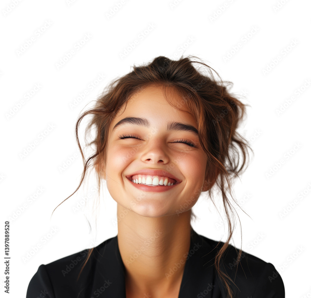 Joyful young woman smiling portrait bright happiness isolated on transparent background png Joyful young woman smiling portrait bright happiness isolated on transparent background png
