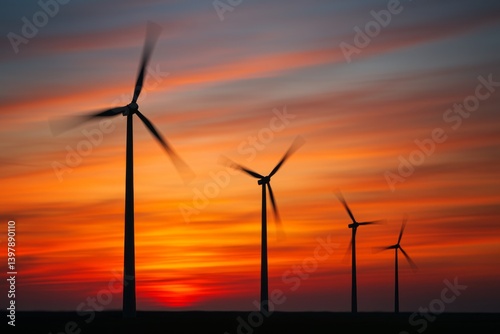 Colorful Sunset With Wind Turbines Spinning in the Foreground Near an Open Field