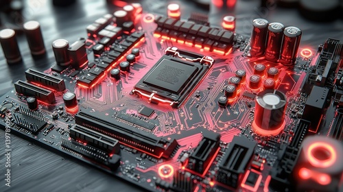Close-up view of a technologically advanced computer motherboard with illuminated components