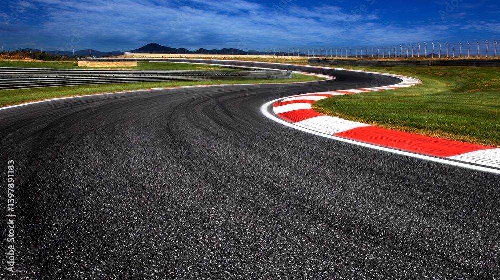 Naklejka premium Curved racetrack with vibrant grass and blue sky in the background
