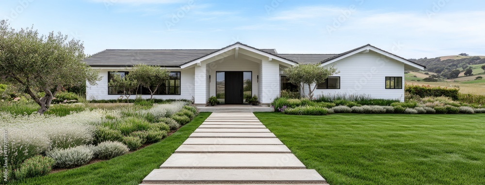 Charming open house with vibrant flower beds and inviting entryway on a sunny day, perfect for prospective homeowners