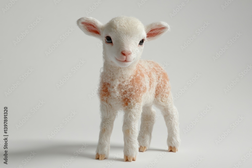Fototapeta premium Cute lamb, standing, white background, farm animal, spring