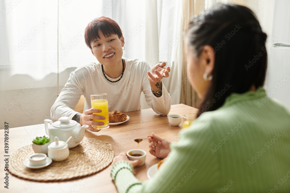 Morning conversations and cozy breakfast moments for a young couple at home Morning conversations and cozy breakfast moments for a young couple at home