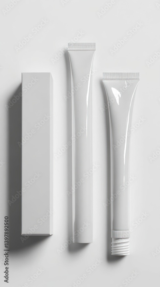 White tubes and a box appear on a plain white background White tubes and a box appear on a plain white background