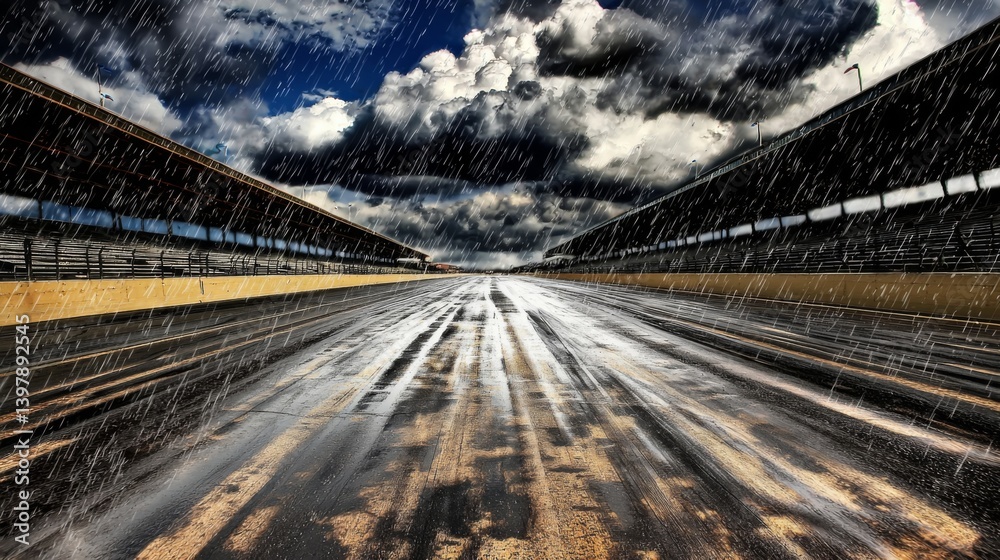 Fototapeta premium Rain-soaked racetrack under dramatic clouds and heavy rainfall