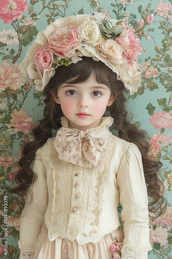 Victorian-inspired young girl in floral dress with elegant hat against floral background Victorian-inspired young girl in floral dress with elegant hat against floral background