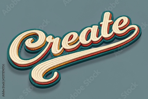 Word ‘Create’ written in retro script font with puff embroidery patch effect isolated on transparent background. 3D rendering - generated by ai