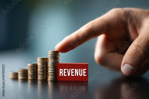 Hand Pointing at Growing Stack of Coins with Revenue Block on Dark Table Surface