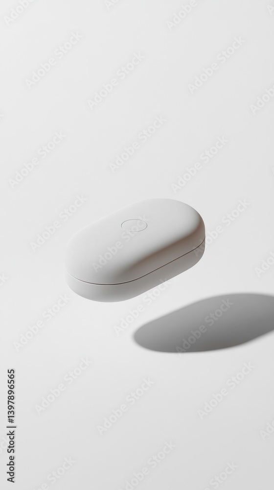 A floating white oval case casting a prominent dark shadow below A floating white oval case casting a prominent dark shadow below