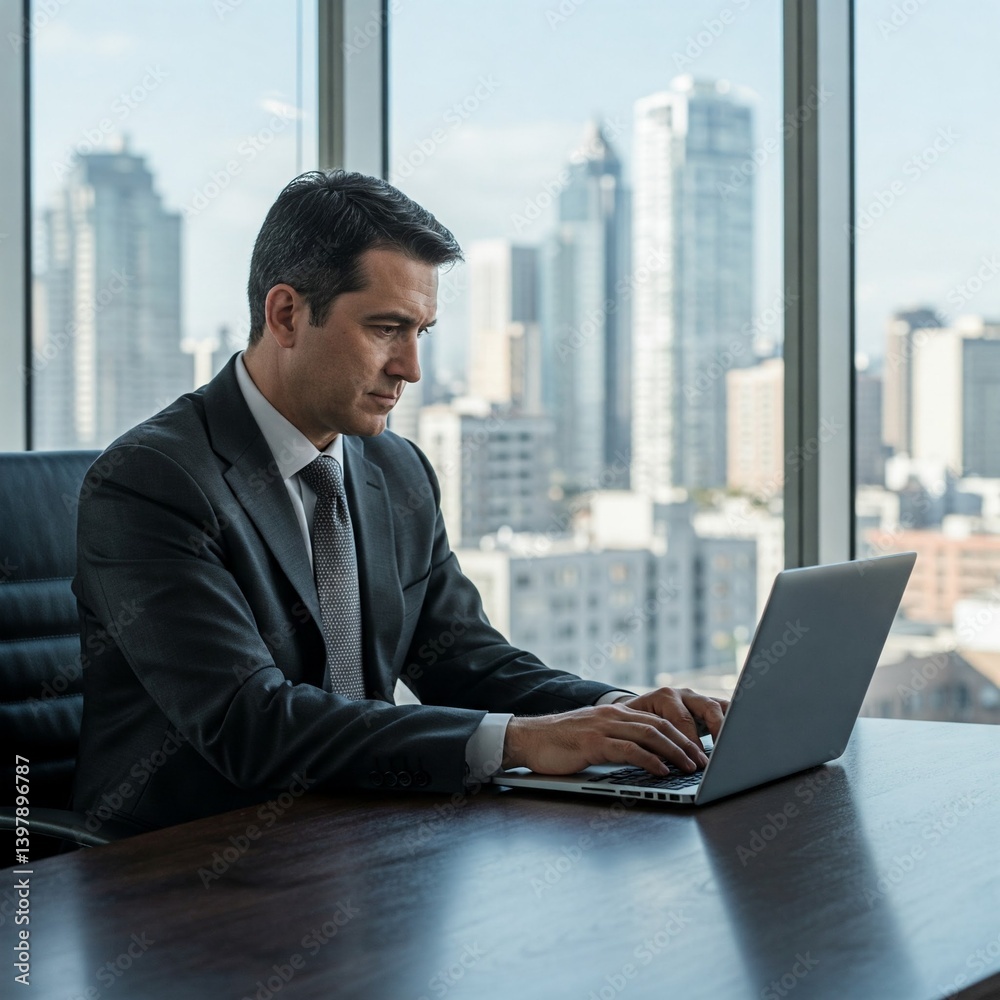 Focused Businessman Working on Laptop in Modern Office with City View Focused Businessman Working on Laptop in Modern Office with City View