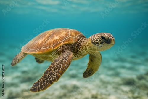 Green Sea Turtle Swimming Gracefully in Clear Tropical Waters