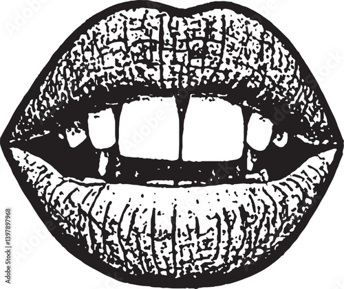 PrintGrunge Lip Illustration, The lips are slightly parted, revealing sharp, elongated canine teeth (fangs) alongside other upper and lower teeth.