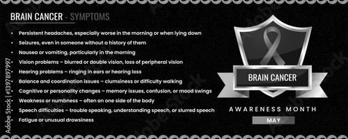 Original Brain Cancer ribbon with Symptoms, Shield Design with Pattern Based Background.