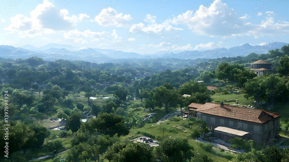 Scenic Valley View With Lush Green Trees And Brown Roofed Building Scenic Valley View With Lush Green Trees And Brown Roofed Building