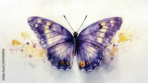 A beautifully painted butterfly in soft pastel tones of purple and yellow, with watercolor splashes gently extending from its wings, creating a whimsical effect.