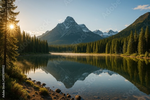 Tranquil Mountain Lake at Sunrise in a Lush Forest Landscape
