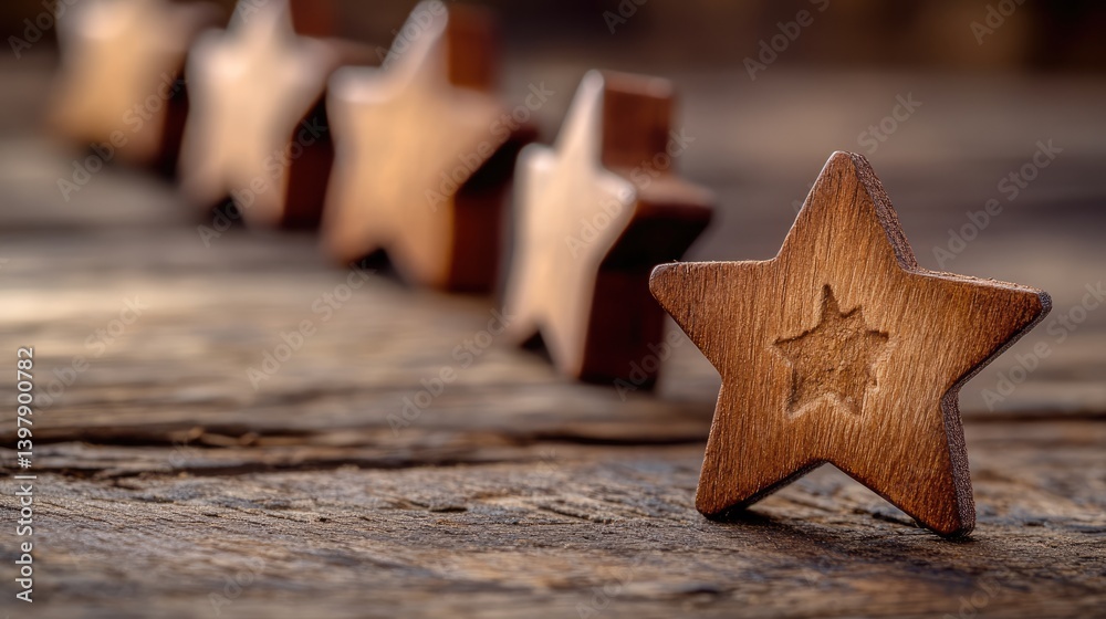 Close-up of wooden star-shaped figures aligned diagonally on a textured wooden surface. Close-up of wooden star-shaped figures aligned diagonally on a textured wooden surface.