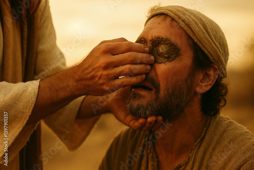 The Touch of Faith and Restoration. Jesus Christ healing the blind man with mud and clay. 