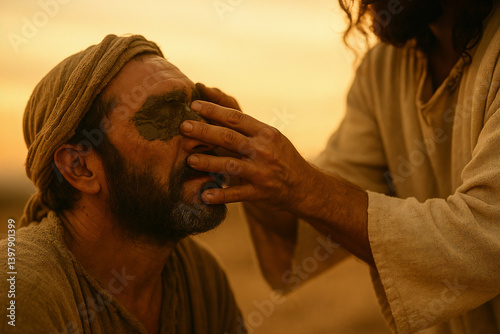 Biblical Healing at Sunset. Jesus Christ healing the blind man with mud and clay. 