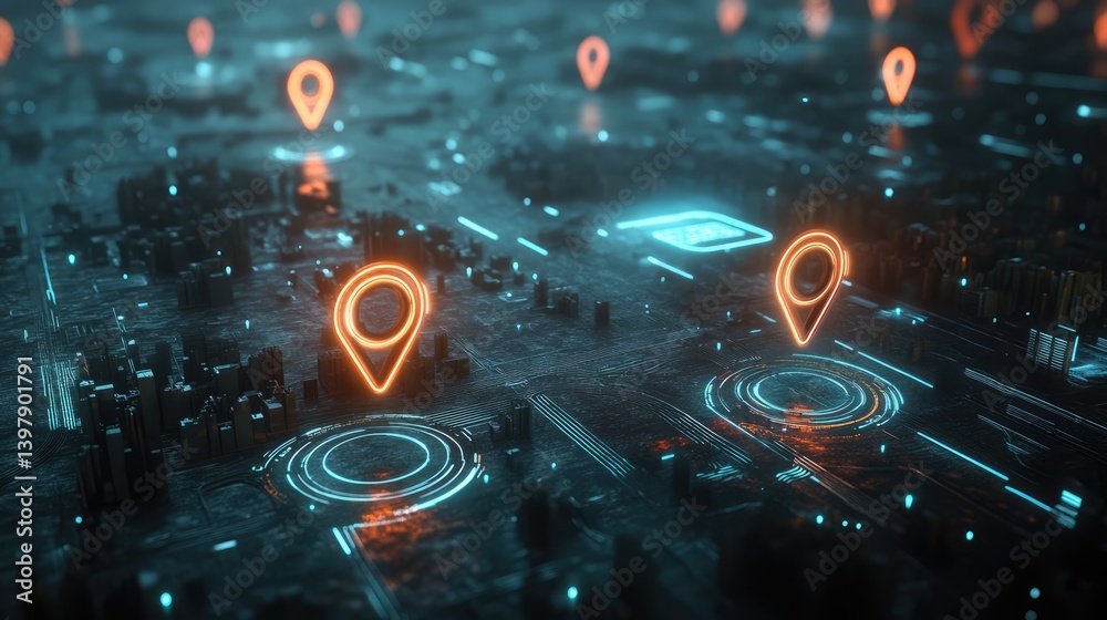 A stylized 3D rendering of a digital map with numerous pin markers A stylized 3D rendering of a digital map with numerous pin markers