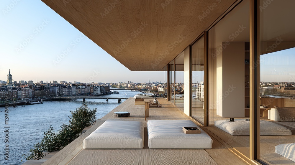 Obraz premium Serene Riverfront Penthouse: Amsterdam's Architectural Marvel