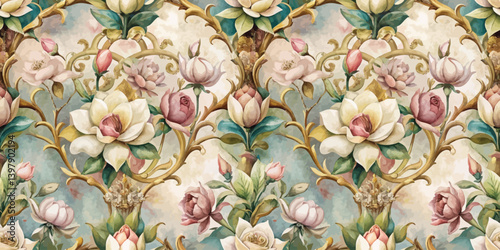 Elegant floral pattern featuring roses and magnolias in soft pastel hues.