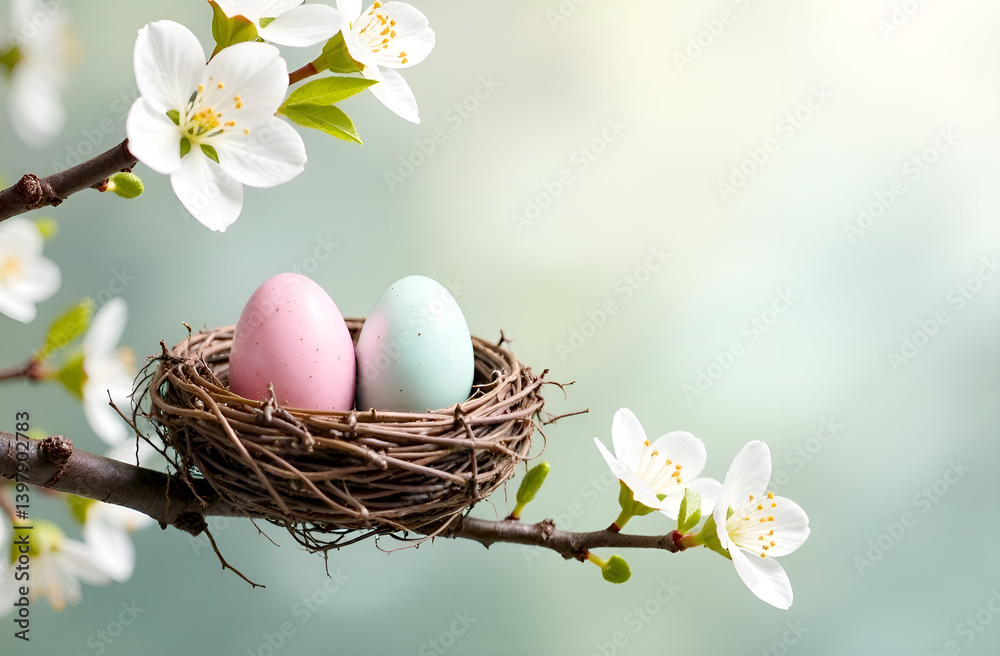 Easter eggs in a bird's nest on a light background, with an empty space for text on the right. Selective focus, blurred background. .Easter card, banner, template. Easter eggs in a bird's nest on a light background, with an empty space for text on the right. Selective focus, blurred background. .Easter card, banner, template.
