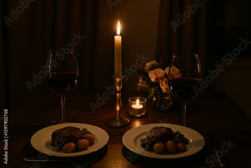 Romantic Dinner Setting With Candles and Red Roses at a Cozy Table