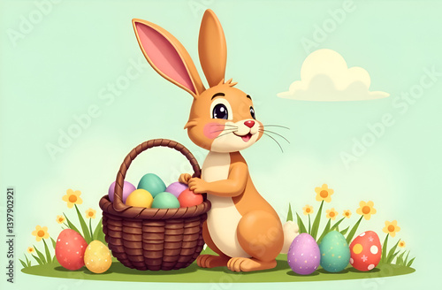 Easter holiday, hare with a basket of Easter eggs, Easter bunny and eggs. Illustration