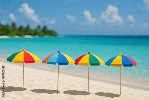 Colorful Beach Umbrellas Line the Shore on a Sunny Day at a Tropical Seaside ...
