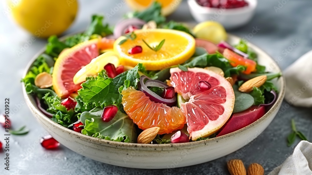 Low fat kale citrus salad with toasted almonds pomegranate seeds and a lemon vinaigrette Low fat kale citrus salad with toasted almonds pomegranate seeds and a lemon vinaigrette