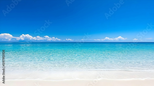 Wide Panorama Of Turquoise Beach With Bright Blue Sky