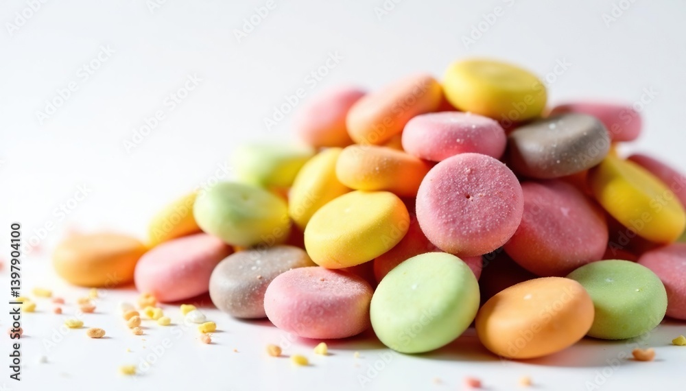 Pile of colorful sugary snacks on white background, colorful, addiction, sugary