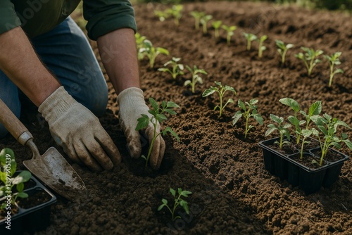 Gardener Planting Young Tomato Seedlings in a Well-Prepared Soil Bed During D...