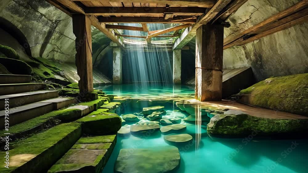 Underground Spring Pool Sunlight filtering through wooden beams into a mossy underground pool ...