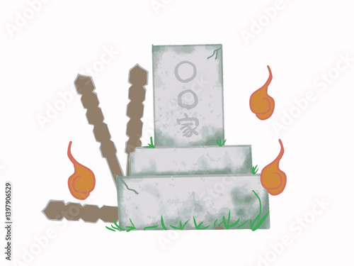 Illustration of a landscape of a deteriorated and old grave, a stupa, and a human spirit