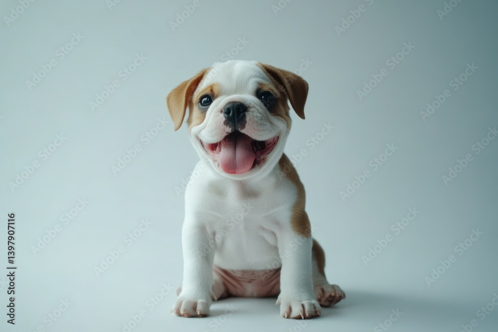 Bulldog puppy sits on white background, smiling with its tongue out for stock Bulldog puppy sits on white background, smiling with its tongue out for stock