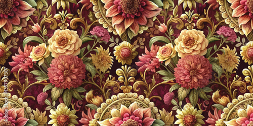 A vibrant floral pattern featuring detailed flowers in rich hues.