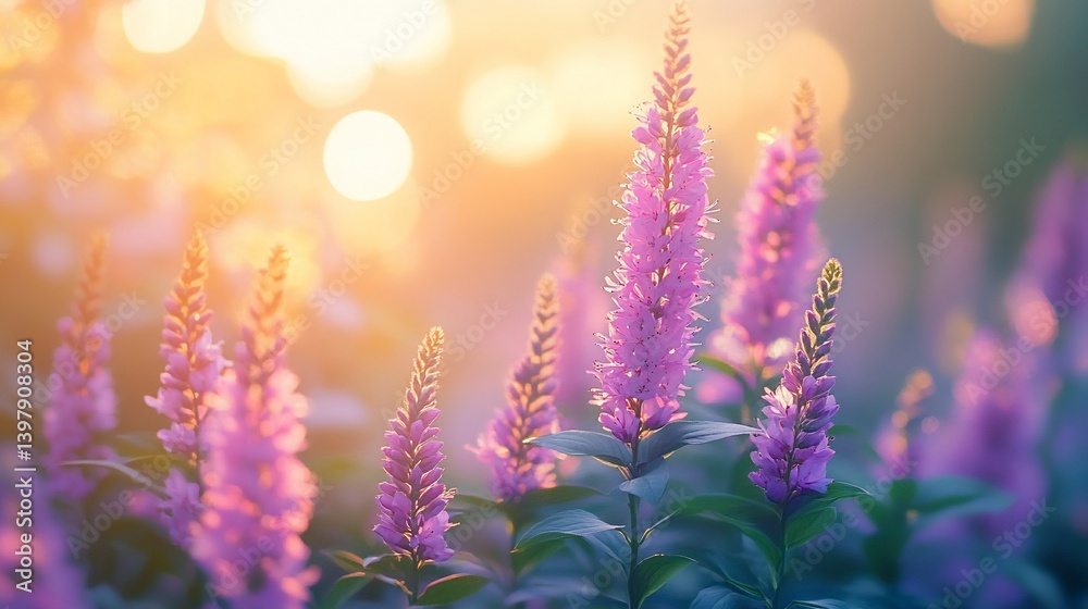 Obraz premium Pink flowers in a sunlit field at dawn