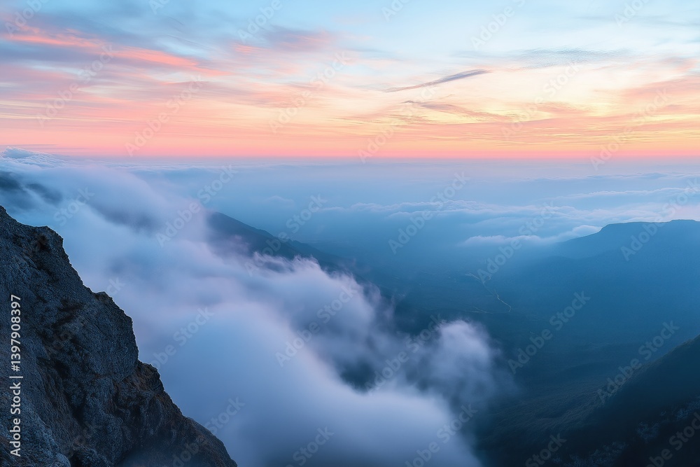 A breathtaking view from a mountaintop, overlooking a valley covered in soft mist. The pastel sunset paints the sky with dreamy shades of pink and orange, blending with the clouds drifting below.