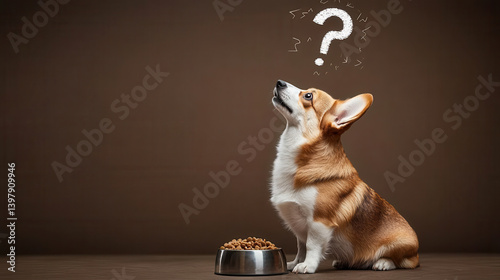 Dog question Theme, curious corgi looks up at empty space, thinking and wondering when can i eat food.