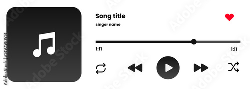 Audio player UI in horizontal layout with song image frame, control buttons, progress bar, and sound wave. Clean vector design on white background.
