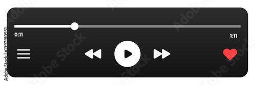 Music player UI with audio controls, track duration bar, and modern layout. Vector media player widget illustration.