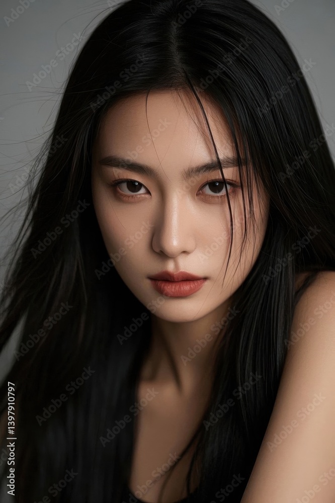Fototapeta premium a close up of a woman with long black hair posing for a picture