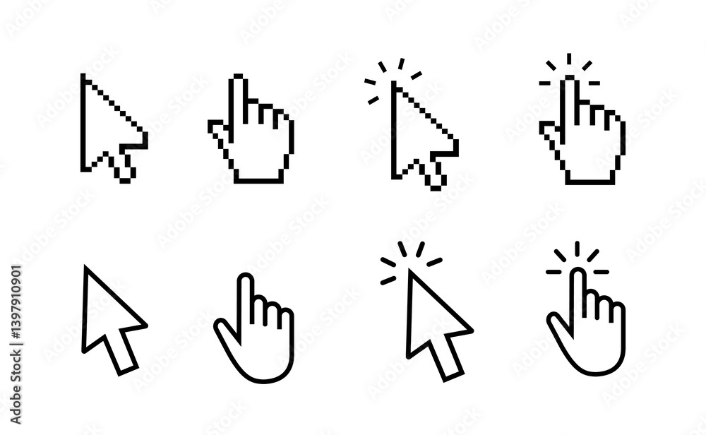 Computer mouse cursor icon set with arrows, hand pointers, click effects, and loading symbols. Perfect for UI, web design, and digital apps. Vector illustration.